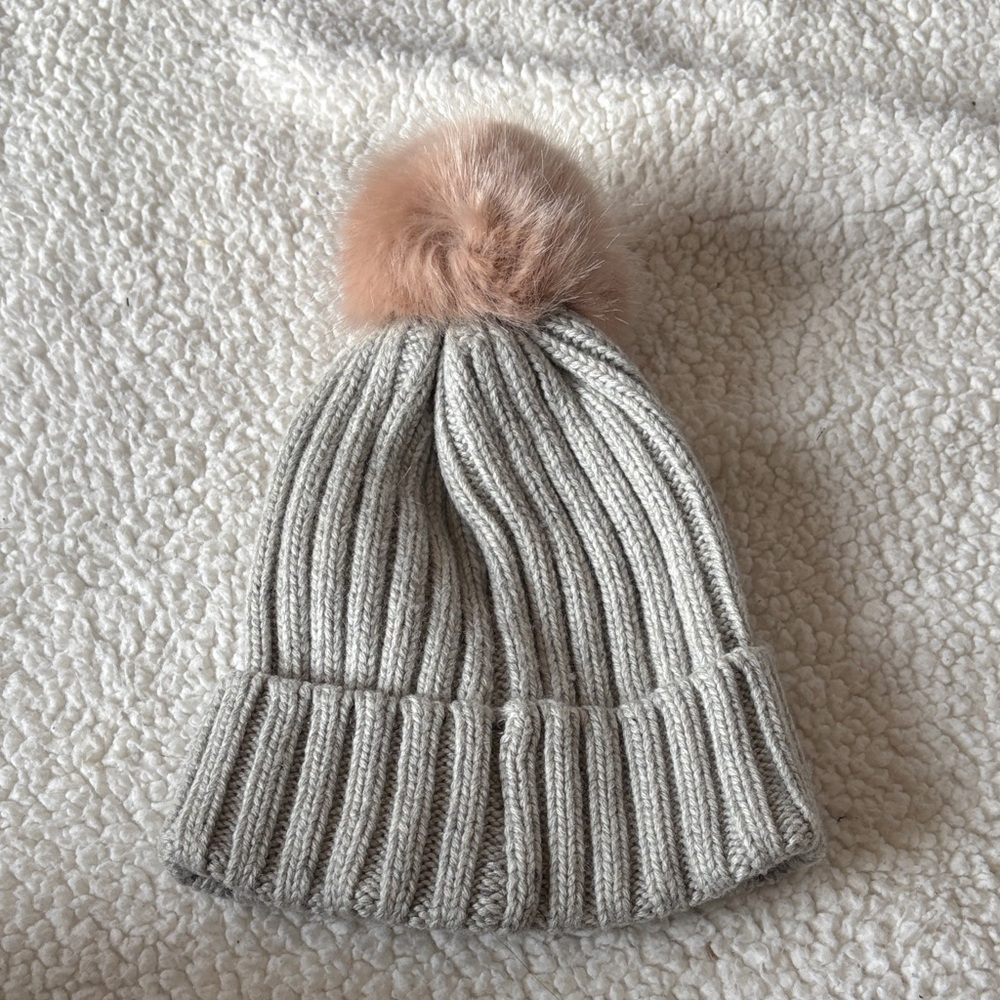 H&M grey with pink faux fur Pom beanie